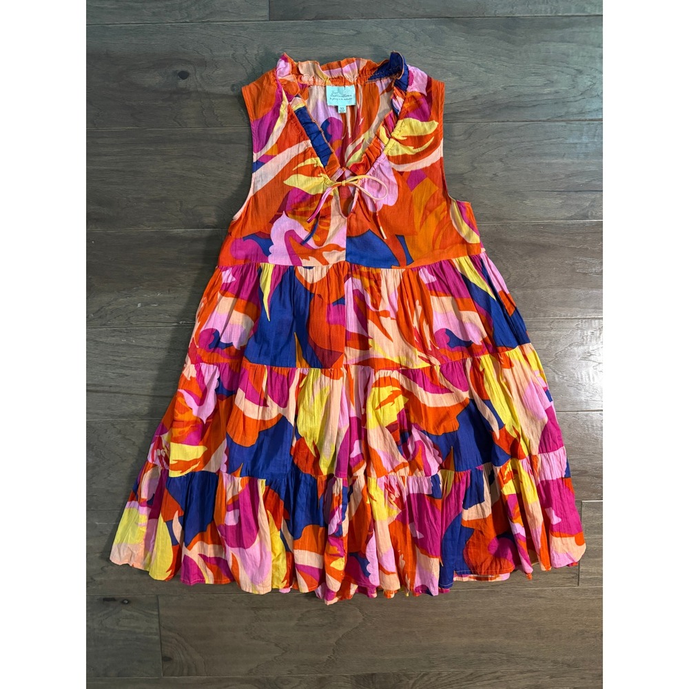 True Destinations Orange Pink Floral Abstract Tiered Cotton Mini‎ Dress XS India